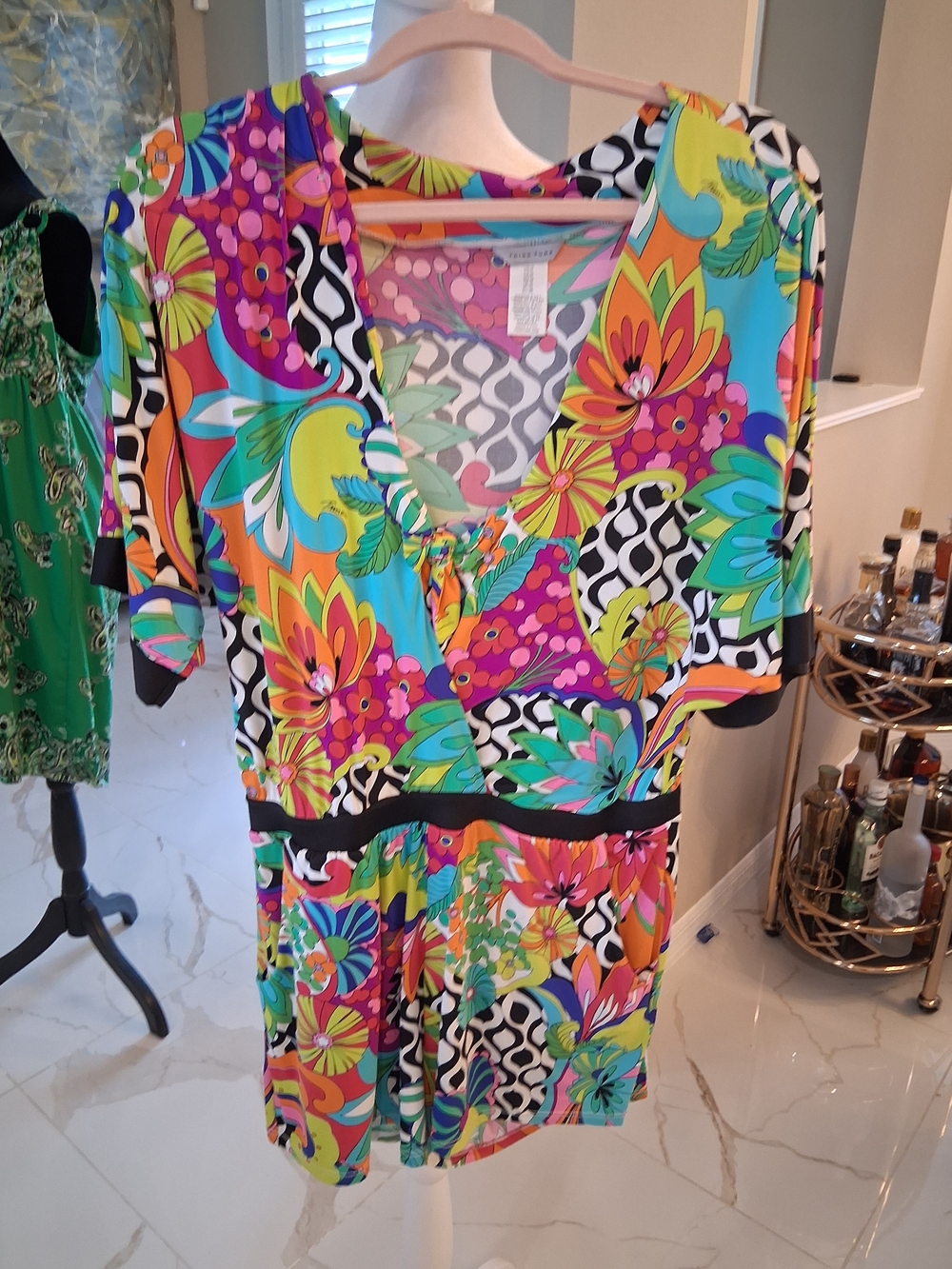 Trina Turk Vibrant Floral V-Neck Dress in Turquoise, Pink & Lime